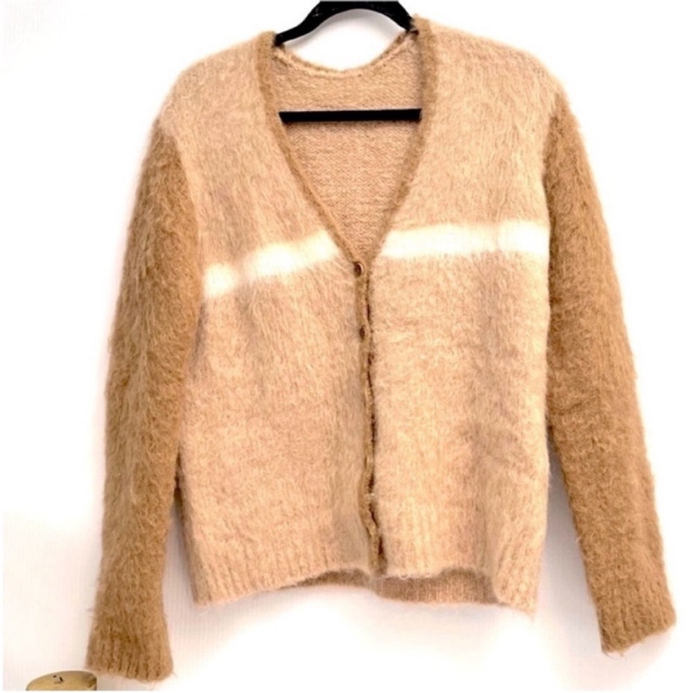 Maje Maldy Mohair Blend Cozy Women's Beige Fuzzy V-Neck Cardigan Sweater Sz M